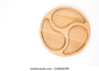 Comfortable Wooden Tray On A White Background. Dishes Made Of Ash Wood. Wooden Utensils. Tray Made Of Natural Materials, Top View