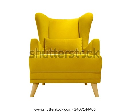 Comfortable yellow armchair with pillow isolated on white background. Interior design element