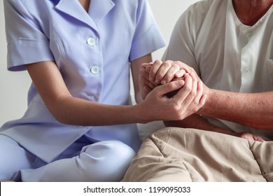 Comforting Hand. Young Nurse Holding Old Man's Hand. Senior Care, Care Taker And Senior Retirement Home Service Concept. Close Up Shot.