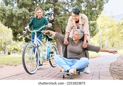 Comic, happy and retirement friends in park for silly outdoor fun with skateboard and bicycle. Funny, goofy and senior women in nature with excited smile for bonding wellness together. - Powered by Shutterstock