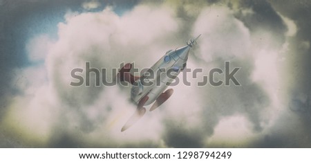 Comic style Rocket flying through the clouds - look of a vintage photograph 