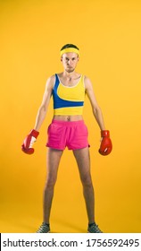 Comic Weak Fighter With Red Sport Boxing Gloves.