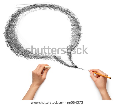 comics bubble and hands with pencil and rubber isolated on white background