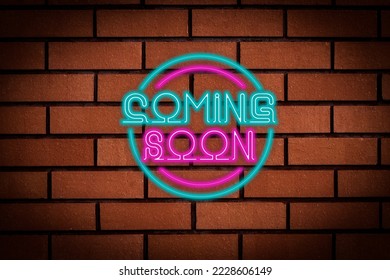 Coming soon neon sign. pink and turquoise blue glow neon text. Brick wall lit by neon lamps. Night lighting on the wall. 3d illustration. - Powered by Shutterstock