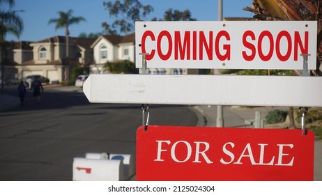 A "Coming Soon - For Sale" sign in a California residential neighborhood advertises a home going up for sale