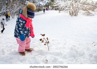Coming winter, the toddler plays in the snow outside the room. Concept of winter entertainment outside the premises. 