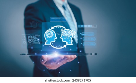 command Ai tech, Artificial Intelligence. businessman hand touch virtual screen Internet connect user Innovation technology brain smart robot. Command set to analyze data and commercial processing.