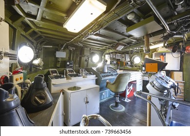 Command Center Interior On Navy Warship. Army Military Equipment. Defense