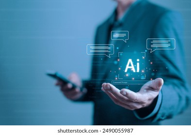 command prompt information AI generates, bot artificial intelligence open for chat customers—concept of smart robot conversation, business communication, development of chatbot digital technology.