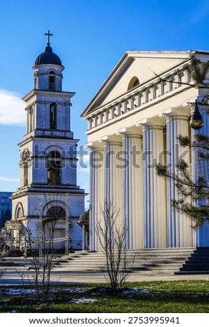 A commanding view captures two of Chisinau's most significant religious architectural elements side by side against a deep blue winter sky. On the right, the grand portico of the Nativity Cathedral dominates the frame with a row of tall, fluted neoclassical columns supporting a large triangular pediment with clean, elegant proportions reminiscent of ancient Greek temple architecture. The cream-colored stone surface is bathed in bright sunlight, emphasizing the verticality and grandeur of the colonnade. Broad stone steps lead up to the cathedral entrance, and a decorative cast-iron street lamp with a spherical globe is mounted at the corner. Several pigeons are perched along the entablature frieze. To the left, the tiered bell tower rises independently against the sky, its four ascending square levels topped by a dark dome and a prominent Christian cross. Bronze bells are visible within the open upper belfry. A small rotunda structure is partially visible at the tower's base. In the foreground, a patch of green grass with traces of lingering snow surrounds a small bare-branched sapling. Pine tree branches frame the upper right corner, adding organic texture. The overall composition presents a powerful juxtaposition of the cathedral's horizontal classical breadth alongside the tower's soaring vertical thrust, conveying deep spiritual heritage and architectural magnificence.