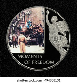 Commemorative Coin Of Hungarian Revolution 1956 On Dark Wine Background