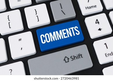 Comments button on computer keyboard. Concept of user feedback, social media interaction and digital dialogue.