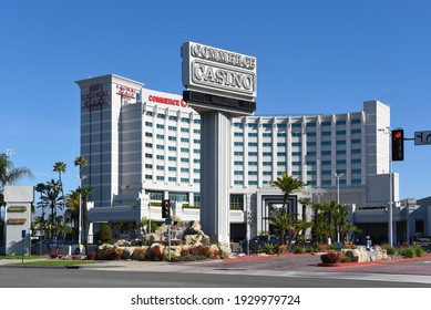 COMMERCE, CALIFORNIA - 26 FEB 2020: The Commerce Casino, And Crowne Plaza Hotel, With Over 240 Tables On Site, Is The Largest Cardroom In The World. 