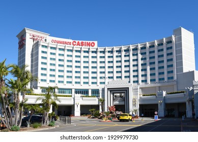 COMMERCE, CALIFORNIA - 26 FEB 2020: The Commerce Casino, And Crowne Plaza Hotel, With Over 240 Tables On Site, Is The Largest Cardroom In The World.