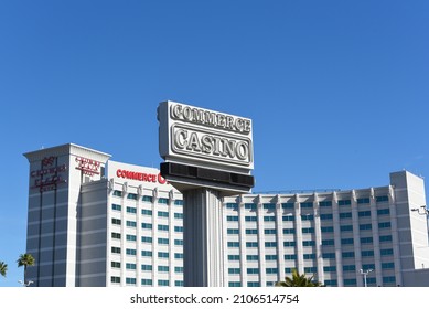 COMMERCE, CALIFORNIA - 26 FEB 2020: The Commerce Casino, And Crowne Plaza Hotel, With Over 240 Tables On Site, Is The Largest Cardroom In The World. 