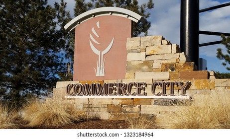 Commerce City, Colorado - February 25, 2019: The Entrance Sign Of The Town