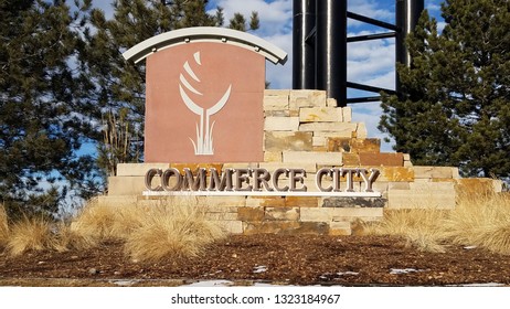 Commerce City, Colorado - February 25, 2019: The Entrance Sign Of The Town