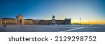 Commerce Square panorama (Praca do Comercio) with statue of of King Jose I in Lisbon. Portugal