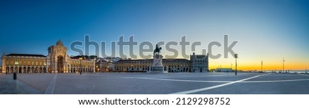 Commerce Square panorama (Praca do Comercio) with statue of of King Jose I in Lisbon. Portugal