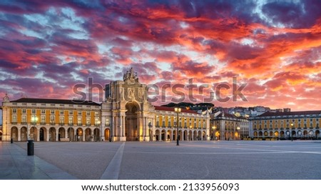 Commerce Square (Praca do Comercio) with Rua Augusta Arch at sunrise in Lisbon. Portugal