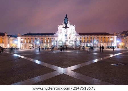 Commerce square (Praca do Comercio) in Lisbon, illuminated at night, Portugal