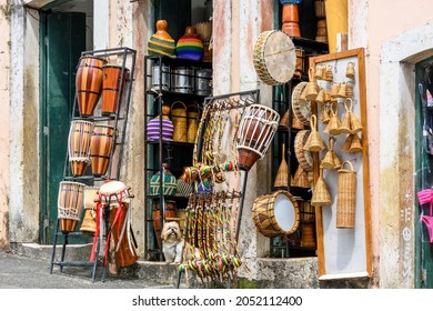 Commerce of typical products and musical instruments of various types on the streets of Pelourinho in the city of Salvador, Bahia