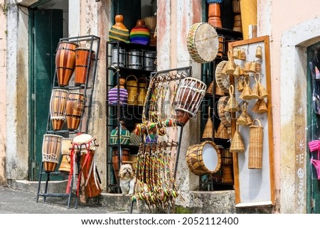 Commerce of typical products and musical instruments of various types on the streets of Pelourinho in the city of Salvador, Bahia