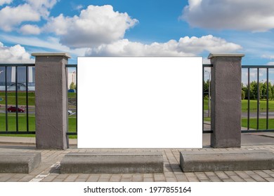 Commercial Advertise Empty Banner With Mockup Hanging On Fence At City Street Outdoor