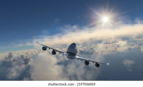Commercial Aircraft Flying Over The Clouds In Amazing Sunset