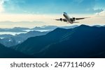 Commercial airliner flying over mountains. Travel background