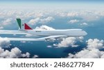 Commercial Airliner Passanger Plane Jumbo Jet Flying over Clouds with Country Flag Mexico