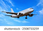 Commercial airplane flying in a clear blue sky with undercarriage down, preparing for landing. The sleek aircraft contrasts against the vibrant sky, capturing the essence of modern aviation and travel