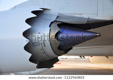 Commercial airplane high-bypass engine closeup