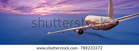 Commercial airplane jetliner flying above clouds in beautiful sunset light. Travel and business concept. Backside view