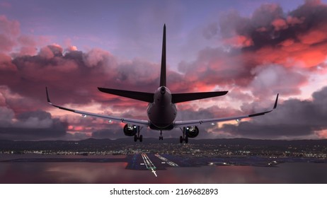 Commercial Airplane On Final Approach In Amazing Sunset.