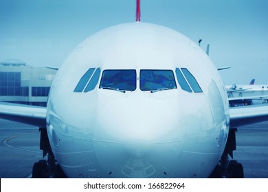 Commercial Airplane Plane In Airport, Cockpit Front View.