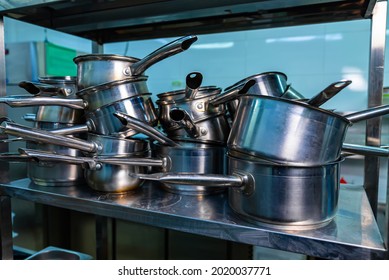 Commercial Cooking Equipment In Restaurant. Industry Steel Kitchen Workplace.