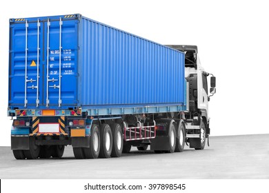 Commercial Delivery Cargo Container Truck On Concrete Road Isolated On White Background With Clipping Path