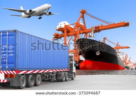 Commercial delivery cargo container truck on road and Aircraft flight at airport link with container ship being unloaded in the harbor transportation concept
