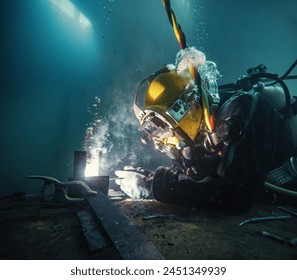 Commercial diver welding and cutting underwater closeup - Powered by Shutterstock