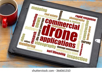 commercial drone applications word cloud on a digital tablet with a cup of coffee