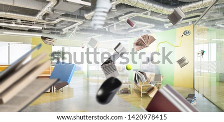 Commercial ffice workplace with flying objects
