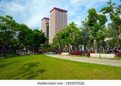 Commercial Office Skyscraper And Green Park Environment