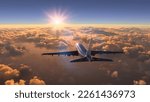 Commercial plane flying over the amazing sunset