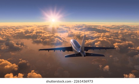 Commercial plane flying over the amazing sunset