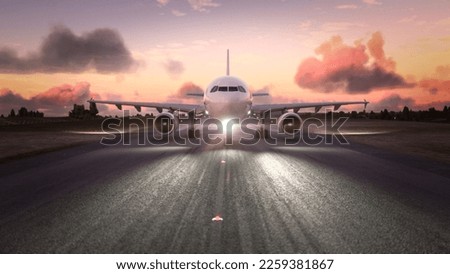 Commercial plane flying preparing to take off in amazing sunset