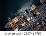 commercial port in black sea load, unloading cargo from container ship import export by crane for distributing goods by trailers transport logistic  to customers and dealers, cinematic tone process, 