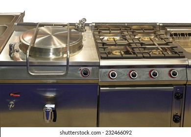 Commercial Pressure Cooker And Big Gas Range In Professional Kitchen