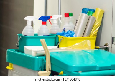 Commercial Professional Cleaning Kit On Cart. Cleaning And Washing Tools. Equipment  Of Cleaning Services Company