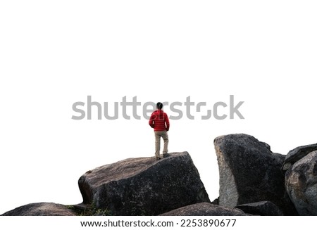 Commitment hiker man standing on top of mountain on white background